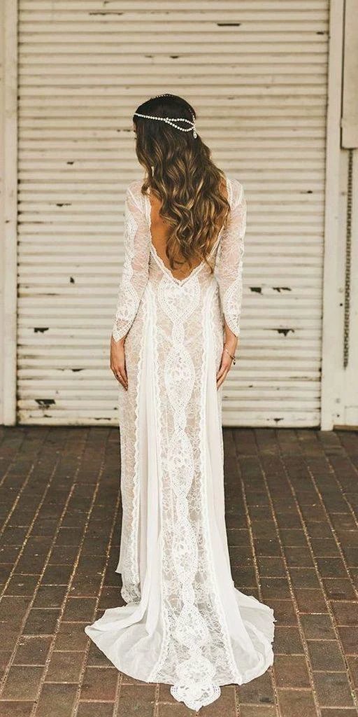 Sheath/Column Lace Wedding Dress With Long Sleeve Open Back Bridal Gown WD487 by pgmdress