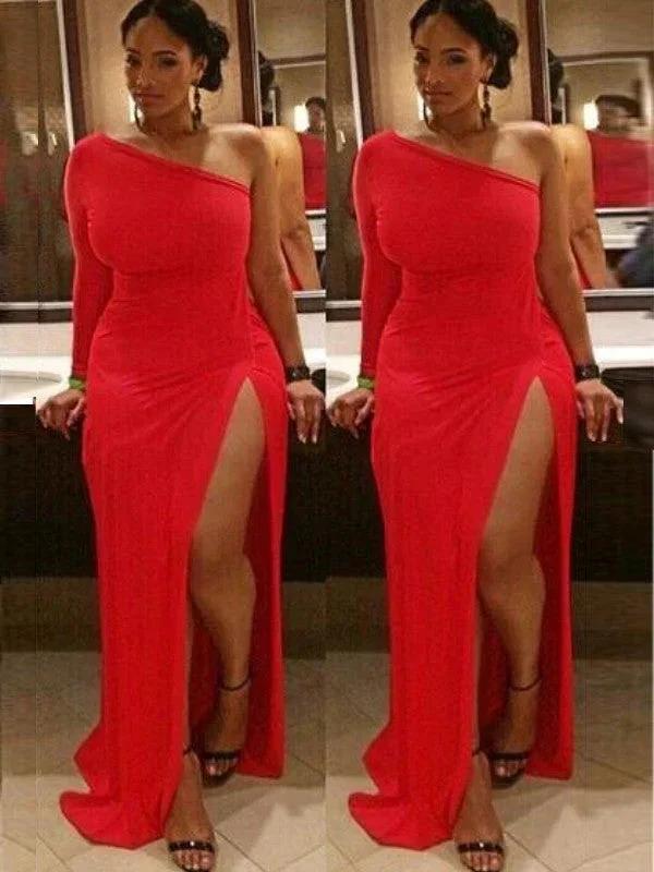 Sheath/Column One-Shoulder Long Sleeves Ruched Spandex Plus Size Prom Dresses by misshow.com