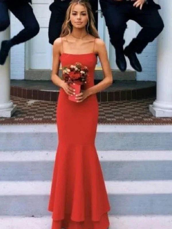 Sheath/Column Spaghetti Straps Sleeveless Floor-Length Layers Stretch Crepe Prom Dresses by misshow.com