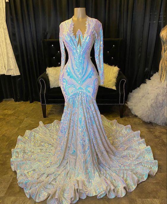 Shimmers Long Sleeve Mermaid V-neck Sequins Appliques Prom Dresses by BIZTUNNEL