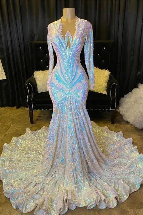 Shimmers Long Sleeve Mermaid V-neck Sequins Appliques Prom Dresses by BIZTUNNEL