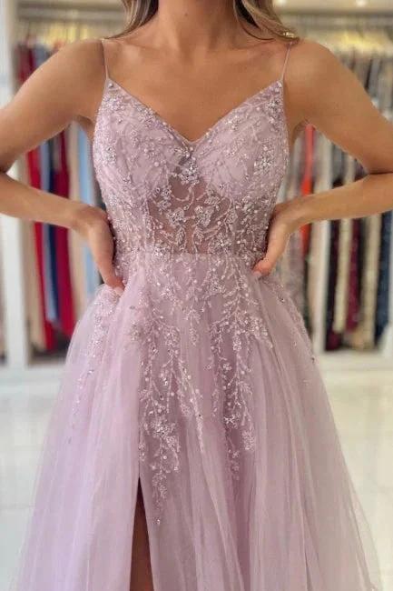 Shimmers Pink Spaghettistraps Sleeveless Column Tulle Floor-Length Prom Dresses with Beadings by misshow.com