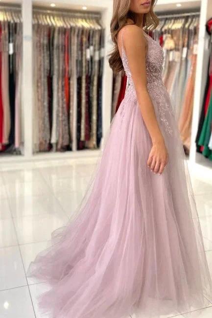 Shimmers Pink Spaghettistraps Sleeveless Column Tulle Floor-Length Prom Dresses with Beadings by misshow.com