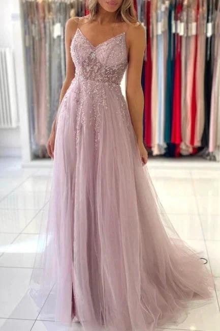 Shimmers Pink Spaghettistraps Sleeveless Column Tulle Floor-Length Prom Dresses with Beadings by misshow.com