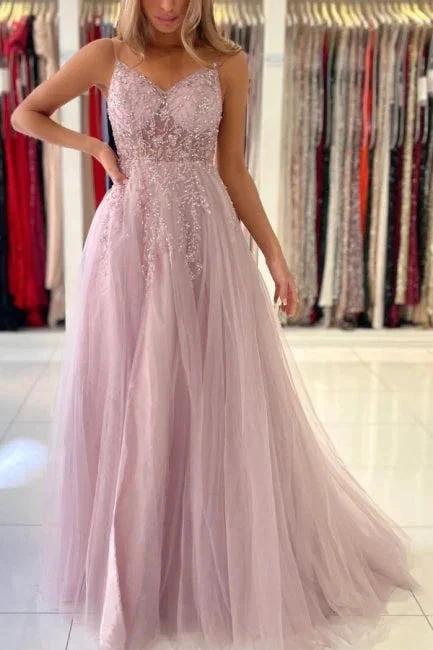 Shimmers Pink Spaghettistraps Sleeveless Column Tulle Floor-Length Prom Dresses with Beadings by misshow.com