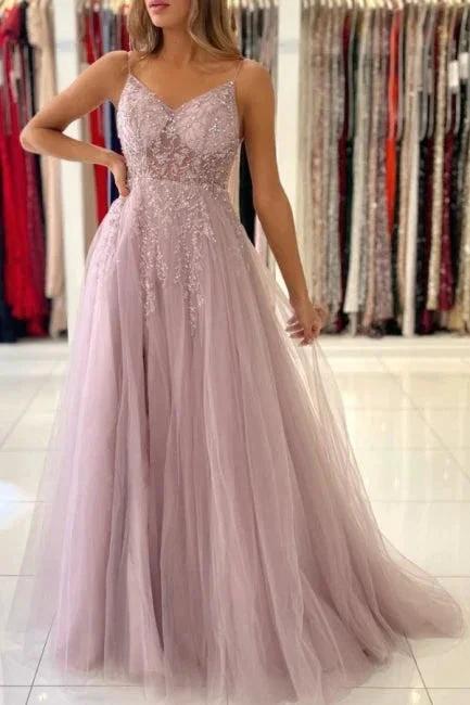 Shimmers Pink Spaghettistraps Sleeveless Column Tulle Floor-Length Prom Dresses with Beadings by misshow.com