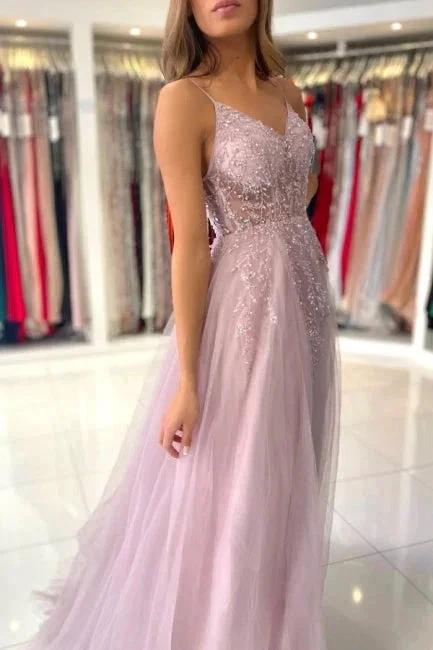 Shimmers Pink Spaghettistraps Sleeveless Column Tulle Floor-Length Prom Dresses with Beadings by misshow.com