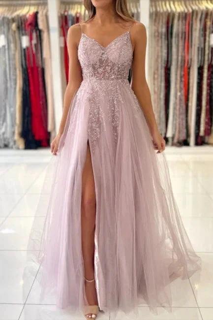 Shimmers Pink Spaghettistraps Sleeveless Column Tulle Floor-Length Prom Dresses with Beadings by misshow.com