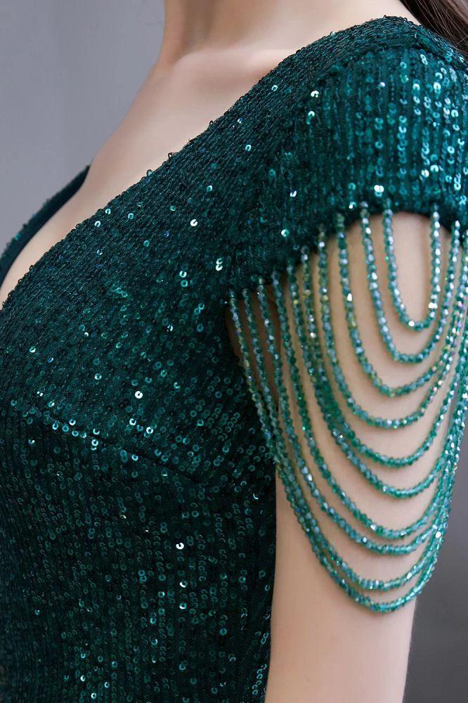 Shining Sequins Emerald Green Mermaid Evening Party Gown with Tassels Sleeves by misshow.com