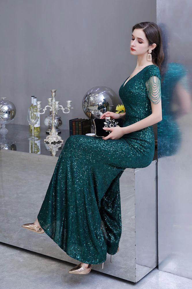 Shining Sequins Emerald Green Mermaid Evening Party Gown with Tassels Sleeves by misshow.com