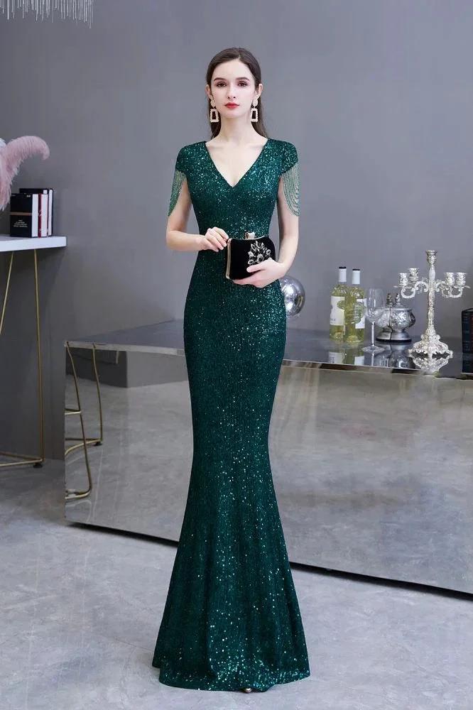 Shining Sequins Emerald Green Mermaid Evening Party Gown with Tassels Sleeves by misshow.com