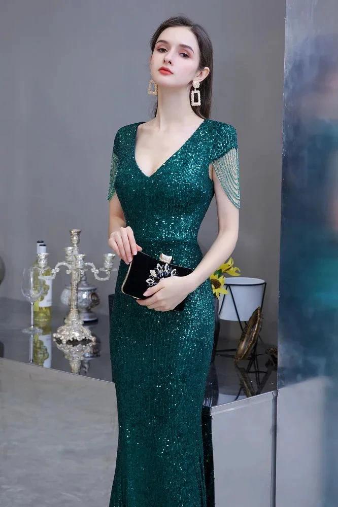 Shining Sequins Emerald Green Mermaid Evening Party Gown with Tassels Sleeves by misshow.com