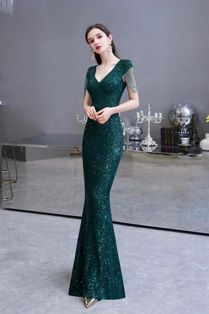 Shining Sequins Emerald Green Mermaid Evening Party Gown with Tassels Sleeves by misshow.com