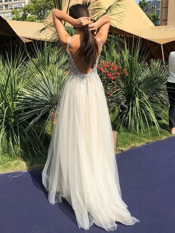 Shiny A Line V Neck Backless Sequins Long Prom Dresses Sparkly Formal Graduation Evening Gowns by BIZTUNNEL