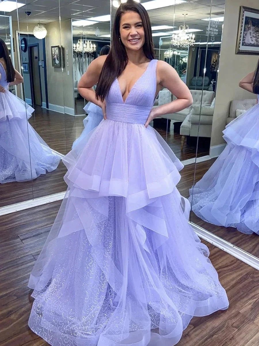 Shiny A-line V Neck Fluffy Tulle Long Prom Formal Evening Dresses by BIZTUNNEL