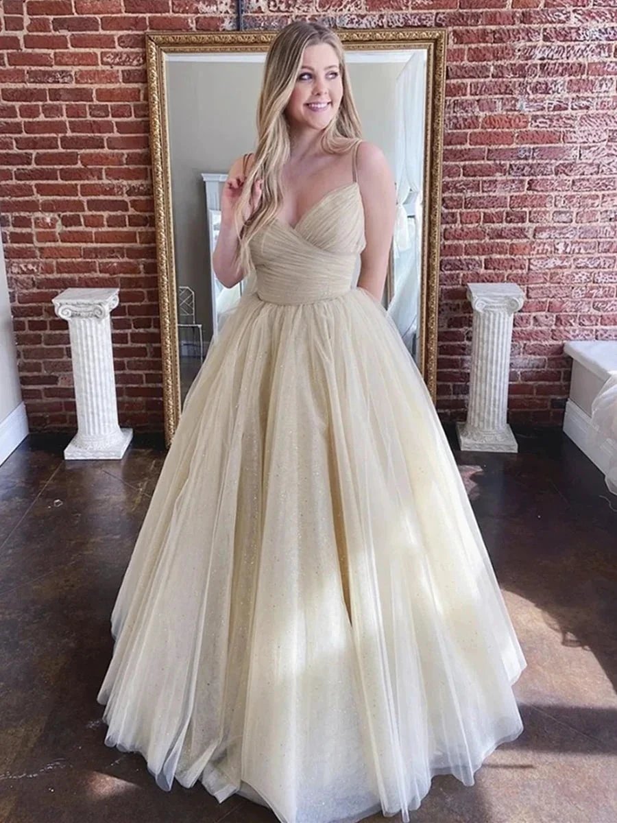 Shiny A-line V Neck Tulle Long Prom Formal Evening Dresses by BIZTUNNEL