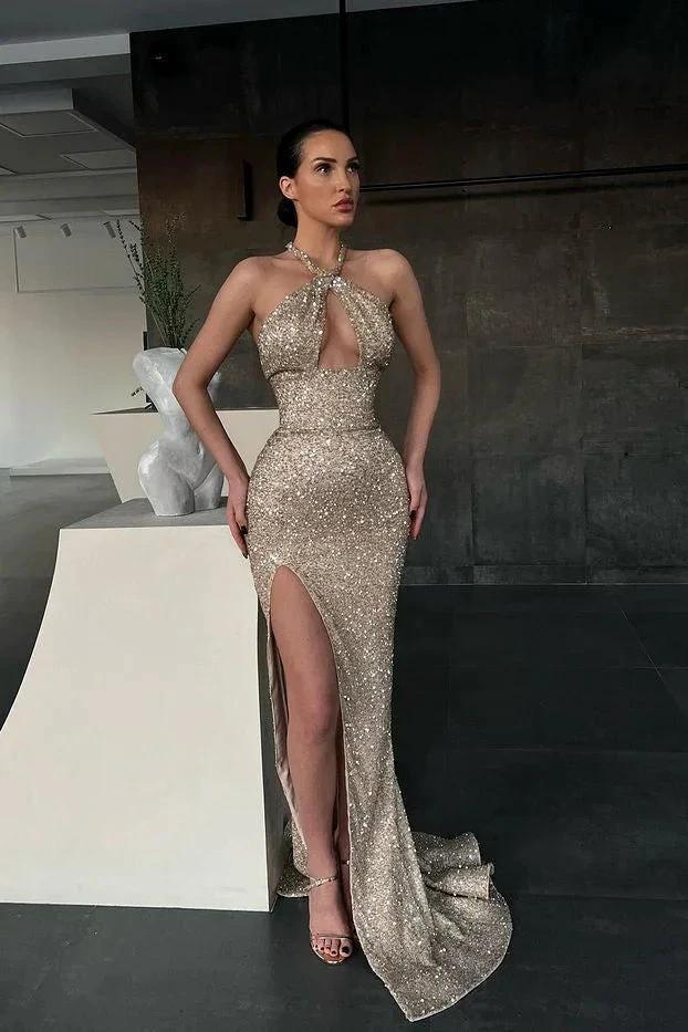Shiny Halter Slim Prom Dress with Side Split &amp; Sweep Train by misshow.com