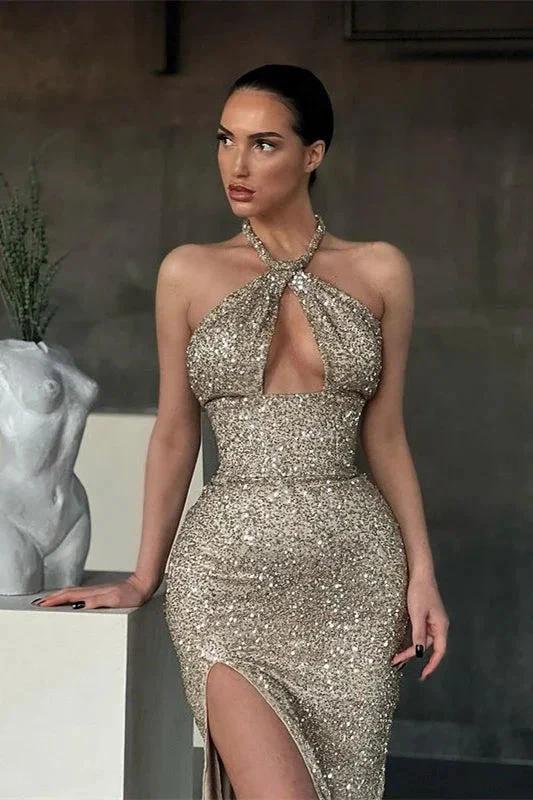 Shiny Halter Slim Prom Dress with Side Split &amp; Sweep Train by misshow.com
