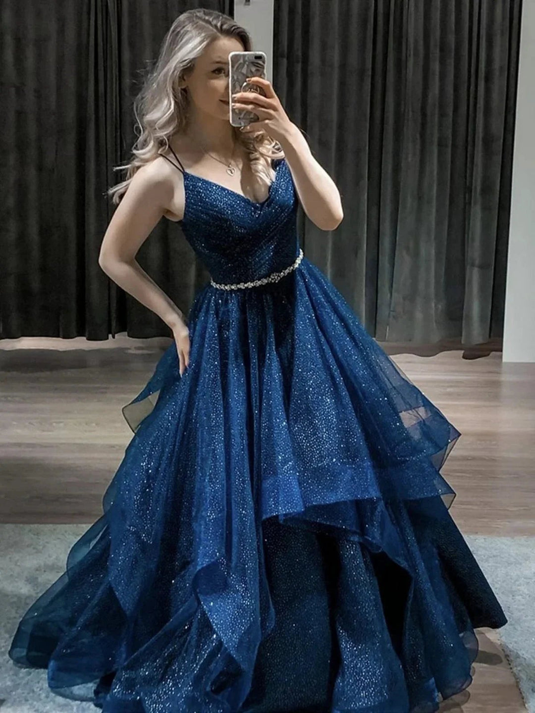 Shiny Long A-line V Neck Fluffy Tulle Graduation Prom Dresses with Belt by BIZTUNNEL