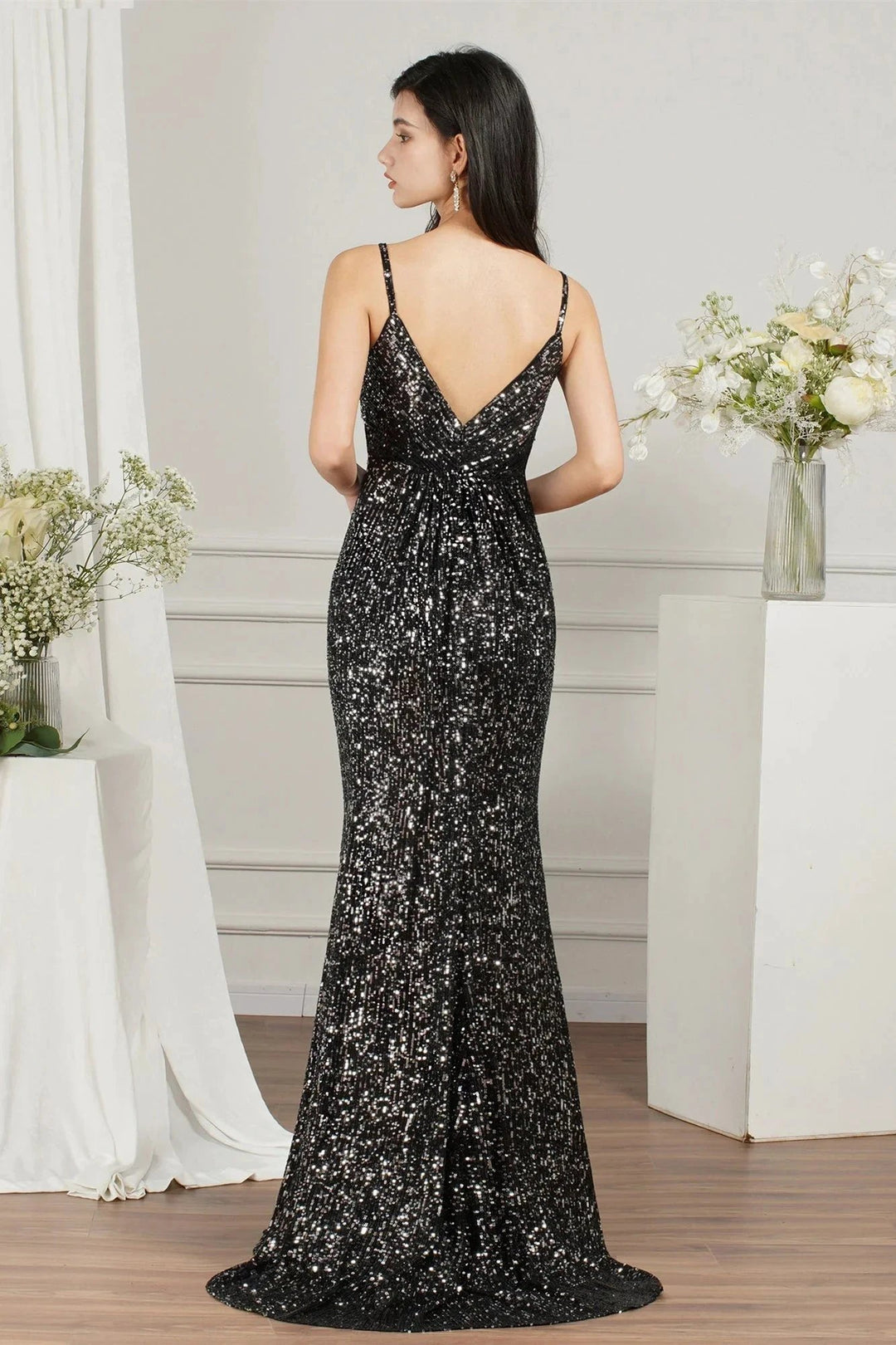 Shiny Sequins Spaghetti Straps V-neck Floor-length Mermaid Bridesmaid/Prom Dress by misshow.com