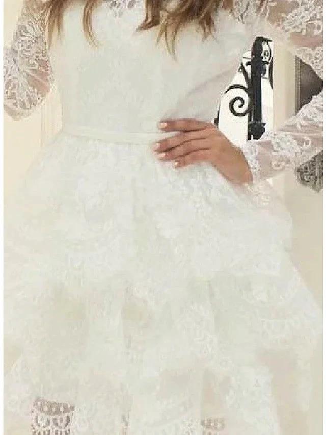 Short A-line Lace Tulle Jewel Neck Wedding Dresses with Sleeves by BIZTUNNEL