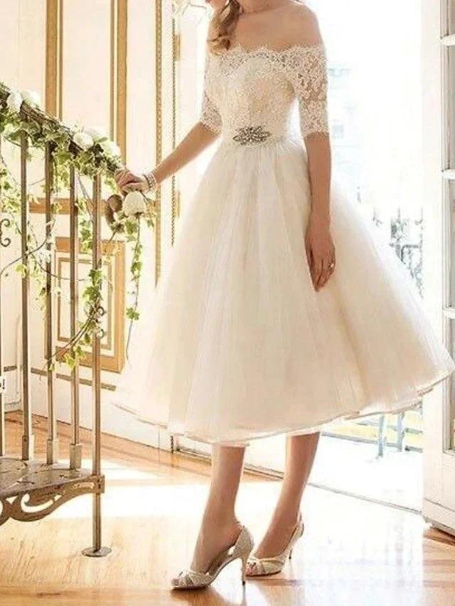 Short A-Line Off Shoulder Lace Tulle Wedding Dresses with Sleeves by BIZTUNNEL