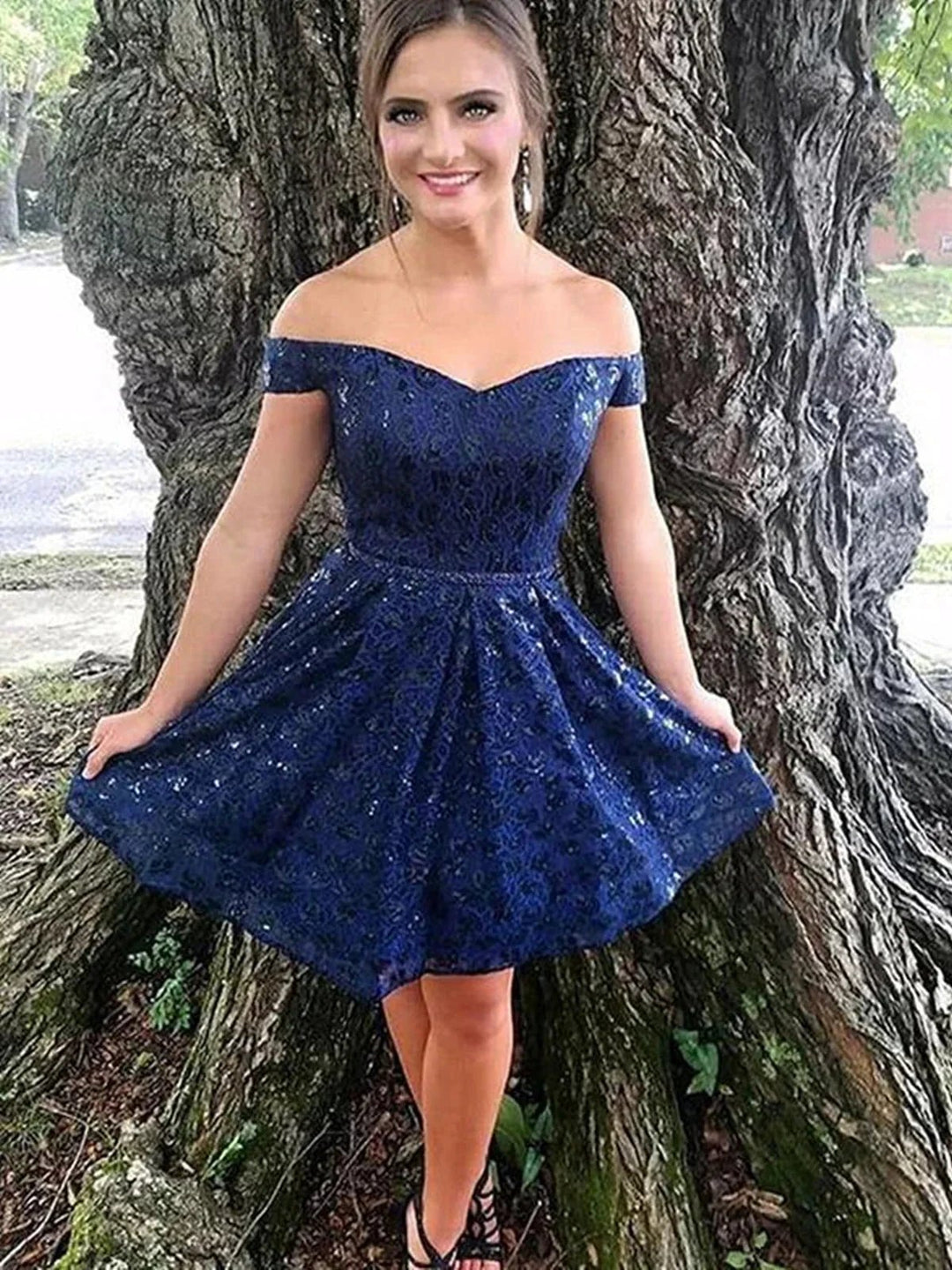 Short A-line Off the Shoulder Lace Prom Formal Homecoming Dresses by BIZTUNNEL