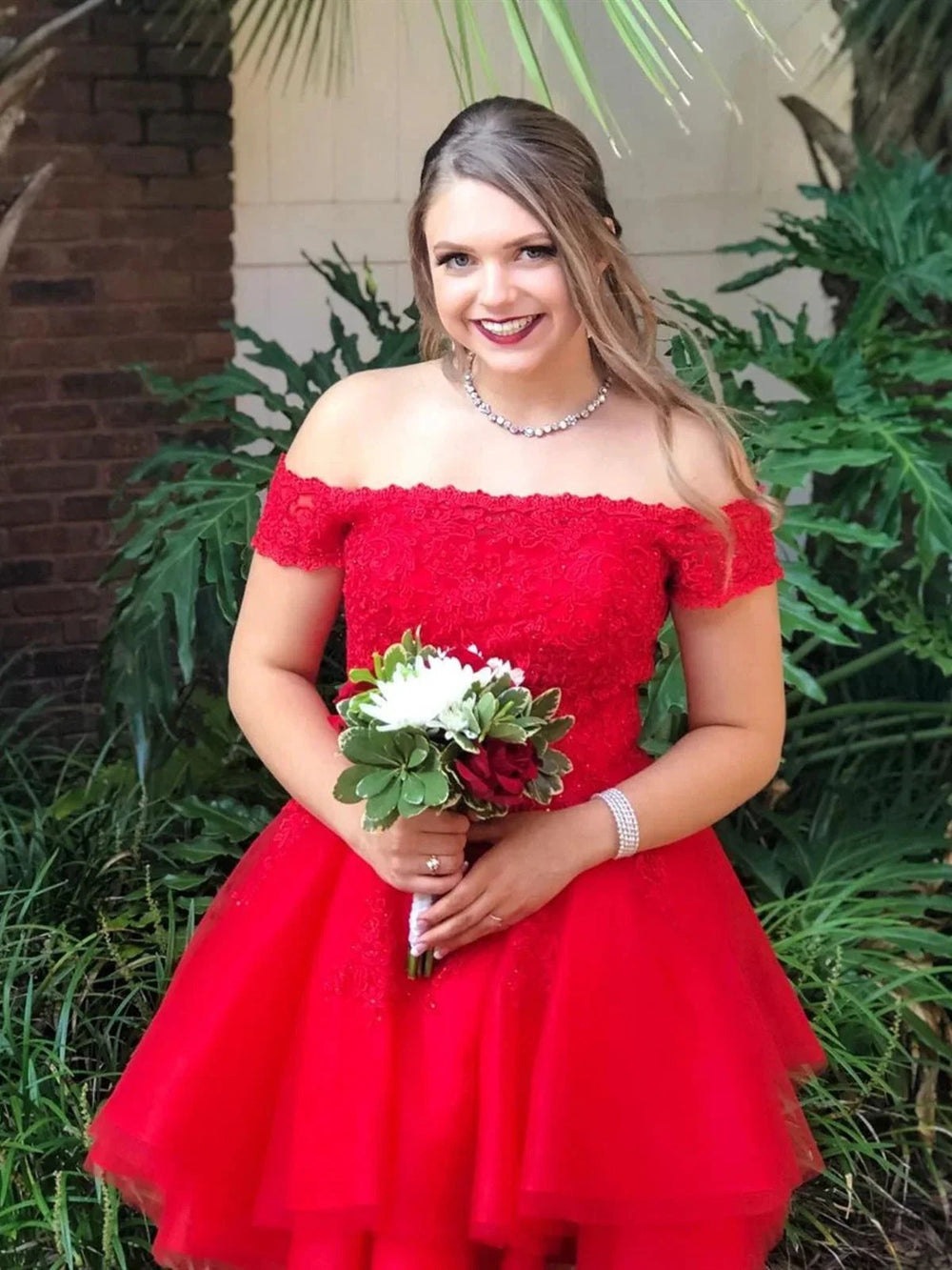Short A-line Off the Shoulder Lace Tulle Red Prom Homecoming Dresses by BIZTUNNEL