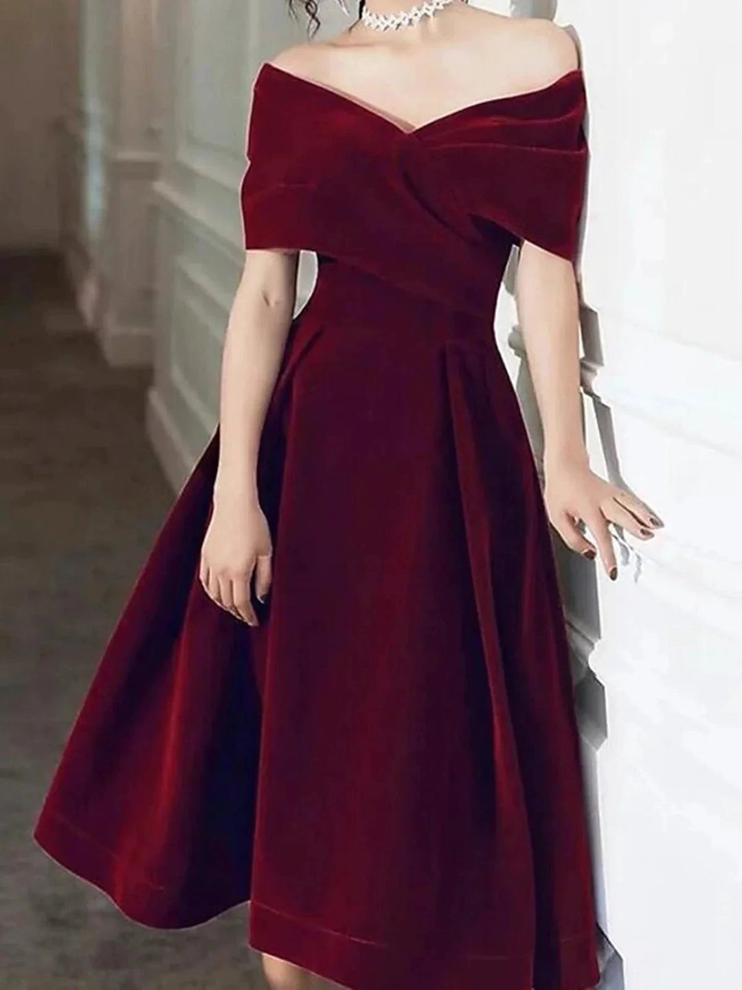 Short A-line Off the Shoulder Velvet Prom Dress Burgundy Formal Graduation Evening Dresses by BIZTUNNEL