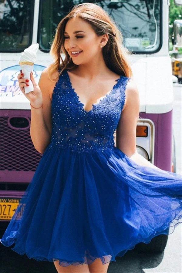 Short A-line V-Neck Appliques Lace Backless Homecoming Dress by BIZTUNNEL