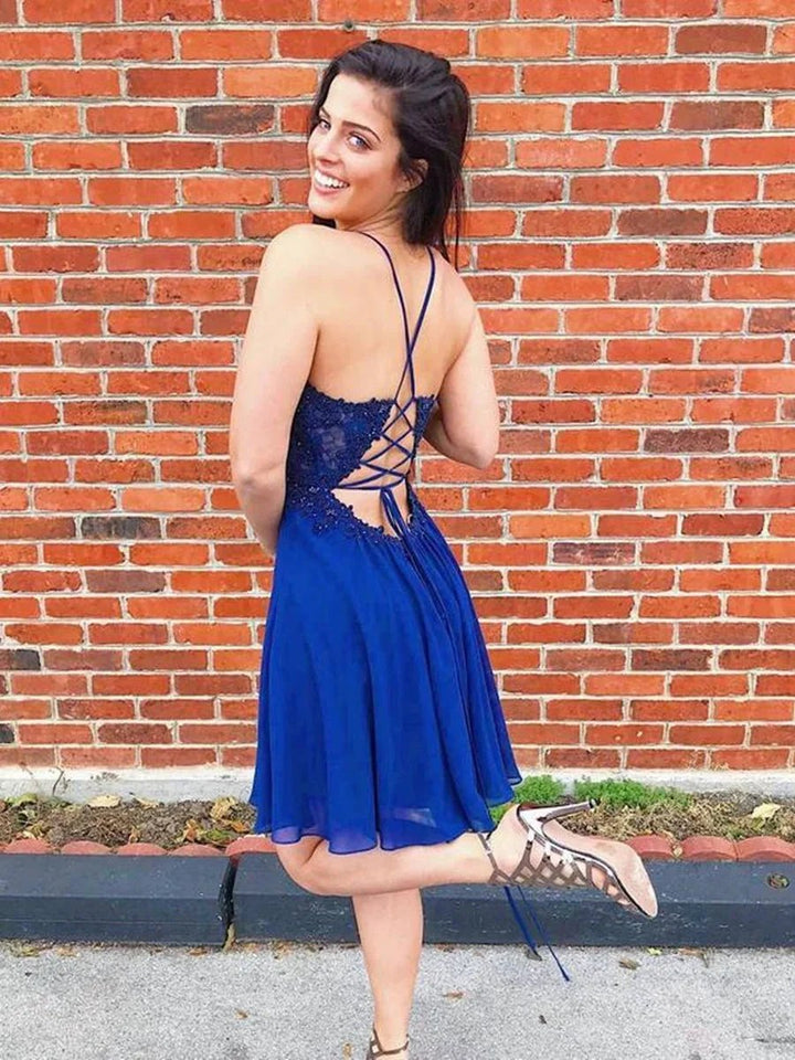 Short A-line V-neck Chiffon Lace Backless Beaded Prom Homecoming Dresses by BIZTUNNEL