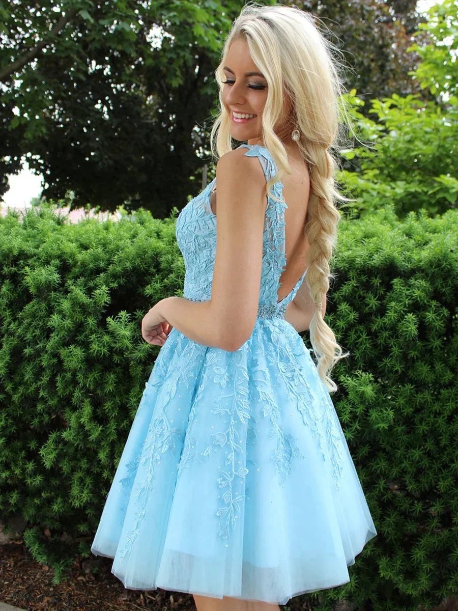 Short A-line V Neck Lace Appliques Tulle Backless Homecoming Prom Dresses by BIZTUNNEL