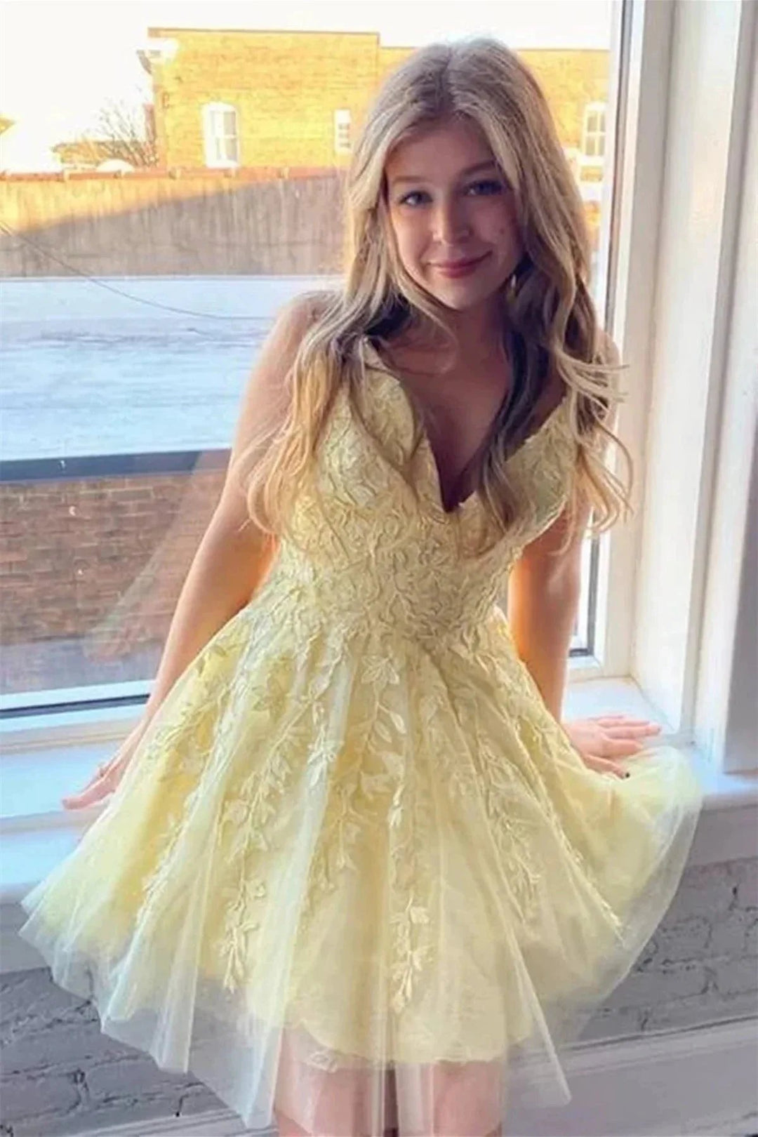 Short A-line V-neck Lace Tulle Backless Prom Dress Pink Homecoming Dresses by BIZTUNNEL