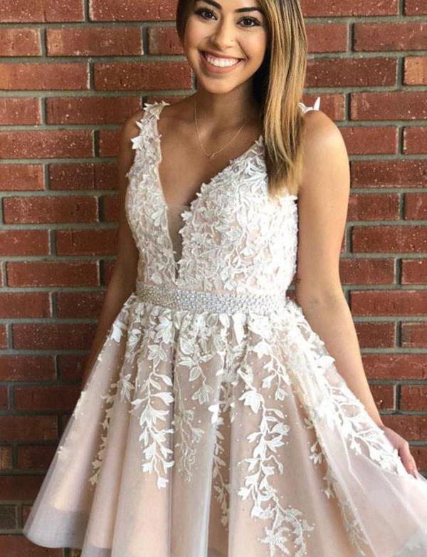 Short A-line V-neck Lace Tulle Homecoming Dress by BIZTUNNEL