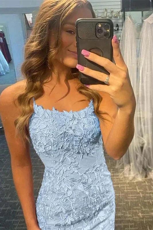 Short Column Blue Lace Spaghetti Straps Sleeveless Prom Dresses by misshow.com
