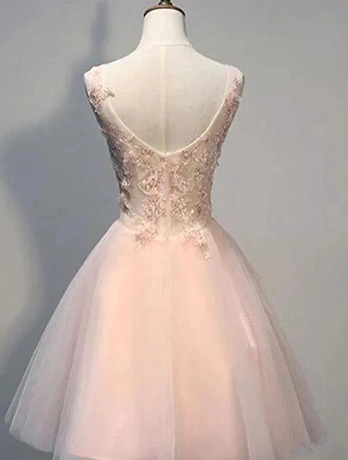 Short Pink A Line Tulle Prom Dresses With Lace Appliques by BIZTUNNEL