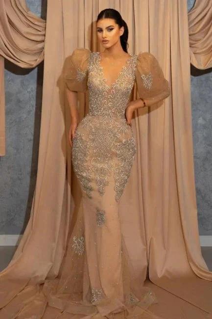 Short Puffy Sleeves V-neck Appliques Lace Floor-length Mermaid Prom Dress by misshow.com