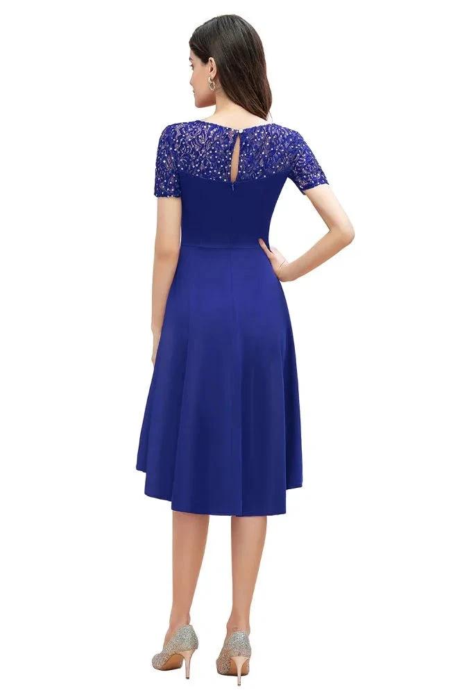 Short Sleeve Sequin Hi-Lo Cocktail Party Dress Burgundy Aline Daily Casual Dress by misshow.com
