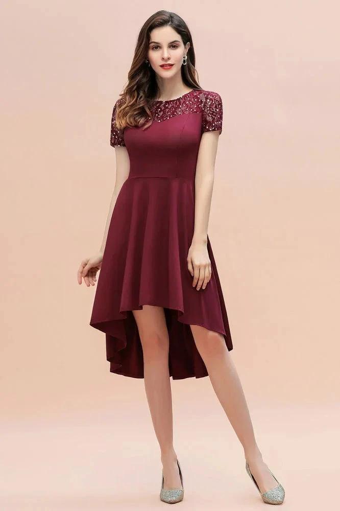 Short Sleeve Sequin Hi-Lo Cocktail Party Dress Burgundy Aline Daily Casual Dress by misshow.com