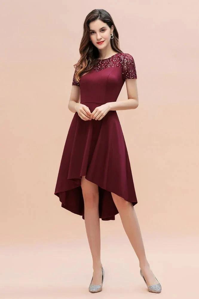 Short Sleeve Sequin Hi-Lo Cocktail Party Dress Burgundy Aline Daily Casual Dress by misshow.com