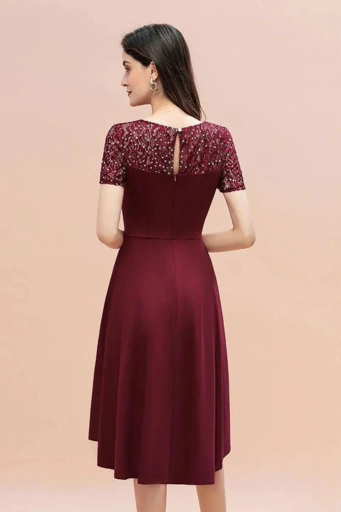 Short Sleeve Sequin Hi-Lo Cocktail Party Dress Burgundy Aline Daily Casual Dress by misshow.com