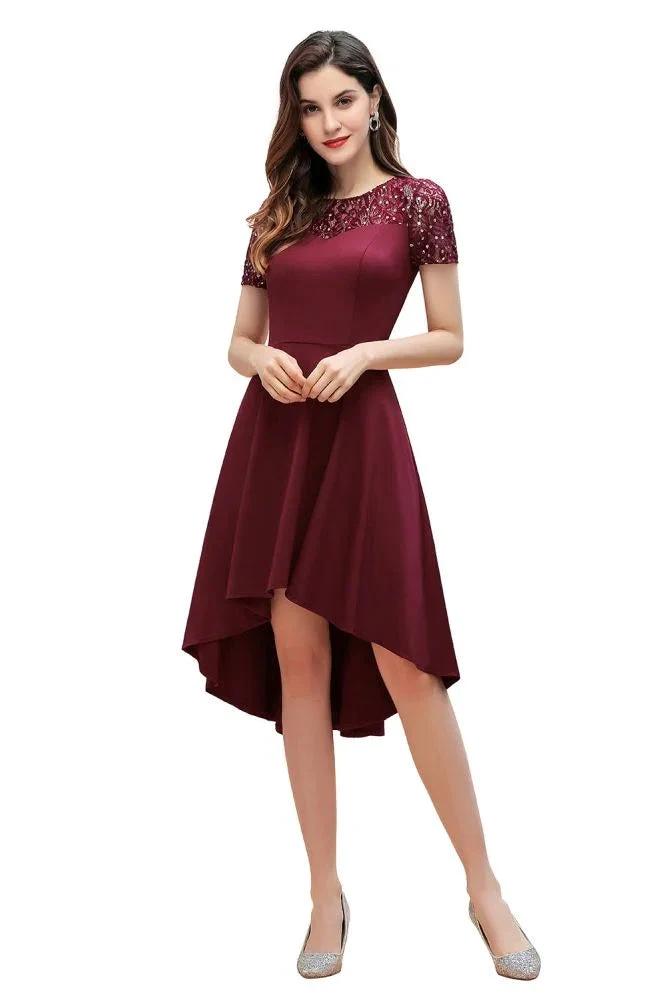 Short Sleeve Sequin Hi-Lo Cocktail Party Dress Burgundy Aline Daily Casual Dress by misshow.com