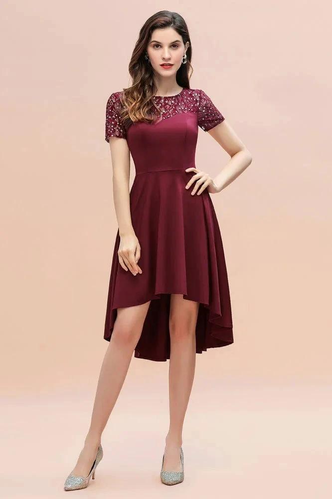 Short Sleeve Sequin Hi-Lo Cocktail Party Dress Burgundy Aline Daily Casual Dress by misshow.com