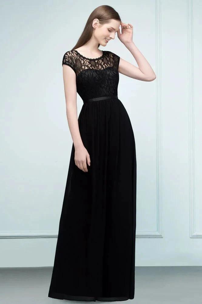 Short Sleeves Lace A-line Floor Length Bridesmaid Dresses with Sash by misshow.com