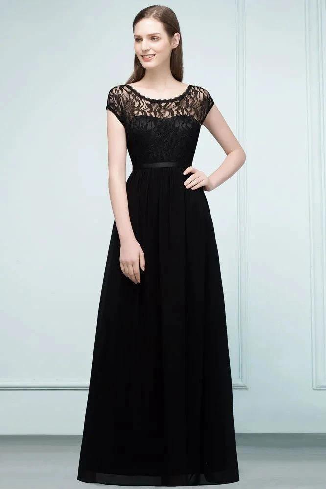 Short Sleeves Lace A-line Floor Length Bridesmaid Dresses with Sash by misshow.com