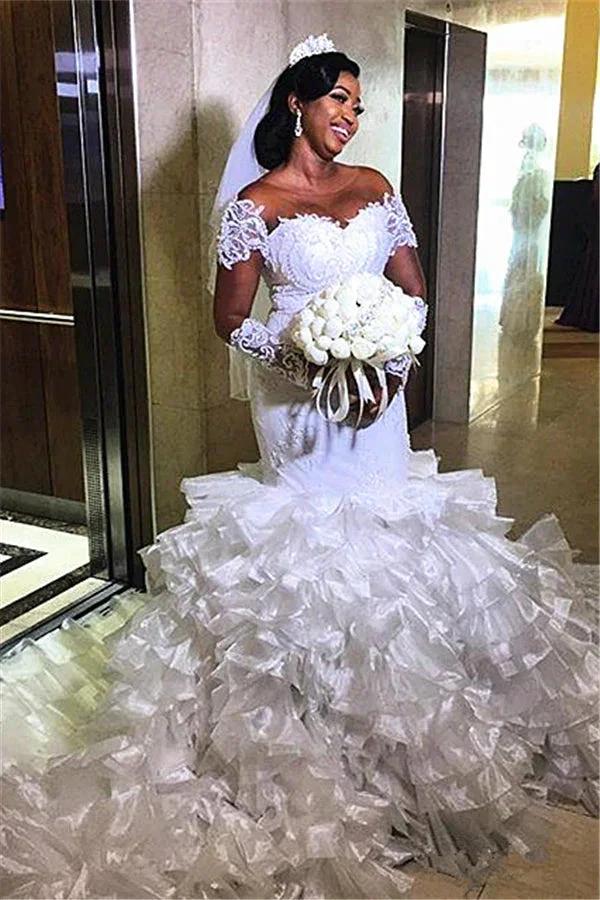 Short sleeves Off-the-Shoulder Mermaid Wedding Dress with Ruffles Train by misshow.com