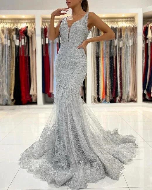 Silver Lace Long Sleeveless Mermaid Evening Dress by misshow.com
