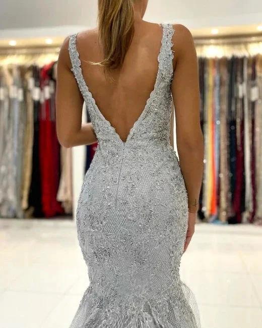 Silver Lace Long Sleeveless Mermaid Evening Dress by misshow.com