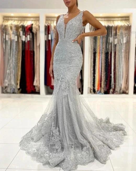 Silver Lace Long Sleeveless Mermaid Evening Dress by misshow.com