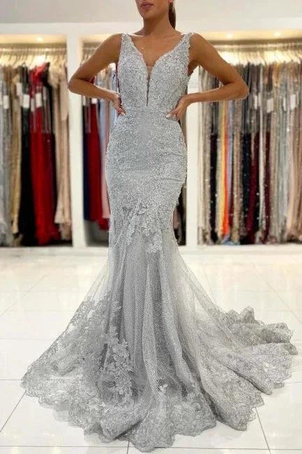 Silver Lace Long Sleeveless Mermaid Evening Dress by misshow.com